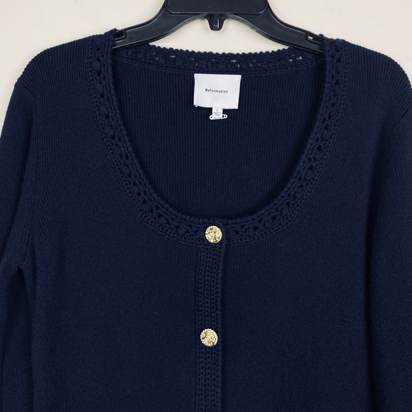 Reformation Priscilla Regenerative Wool Mini Sweater Dress Crochet Navy Large - Picture 13 of 16